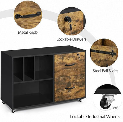 Yaheetech File Cabinets Large Rolling Filing Cabinet Printer Stand on Wheels for Home Office,with 4 Open Storage Shelves,Letter Size A4 Size,Black/Rustic Brown