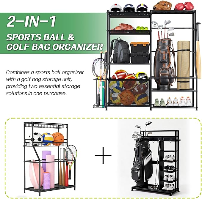 Large Sports Organizer for Garage, Ball Storage Rack Garage Sports Equipment Organizer with Side Racks, Baskets, Hooks, Multi-Purpose Golf Gear Storage for Gym Indoor Outdoor