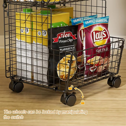 Sonyabecca Outdoor Toy Storage Basket, Play Kitchen Organizer with 5 S-Hooks,3 Tier Rolling Storage Cart Garage, Pantry Floor Snack Cart with Wheels,Toy Shelf Dog Storage Organizer Kids Bookshelf