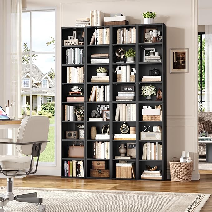 FOTOSOK 2 Pcs 71'' Tall Narrow Bookshelf, 8-Tier Media Tower Rack Set of 2, CD DVD Storage Cabinet with Adjustable Shelves, Tall Narrow Bookcase Skinny Display Bookshelf Slim Shelf, Black