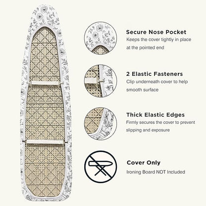 Ironing Board Cover and Pad 15"x54" Extra Thick Natural Cotton, Scorch and Stain Resistant Padding, Standard Size Iron Board Cover with Fasteners Heavy Duty Elastic Edge, Heatproof Rose