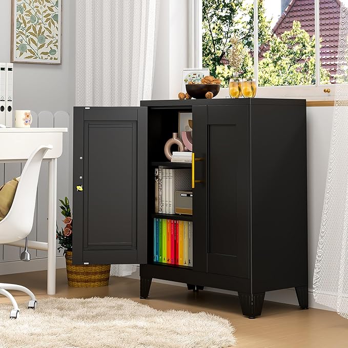 35.43" Metal Storage Cabinet with Lock, Metal File Cabinet with 2 Doors ＆ 2 Adjustable Shelves, Steel Locker Utility Tool Garage Cabinets for Home, Office, Warehouse (Black)