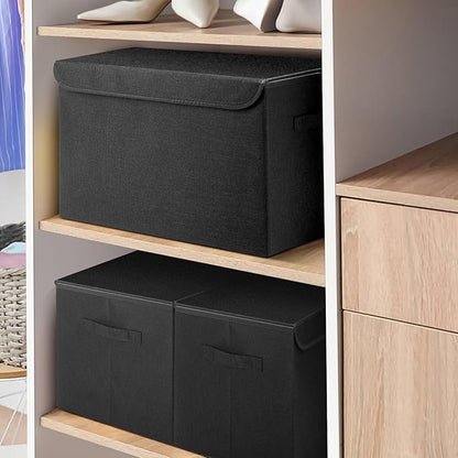 Large 17" 42 Quarts Collapsible Stackable Storage Bins with Lids [3-Pack] Foldable Fabric Linen Storage Boxes Cube, Closet Organizer Baskets with Label (16.7 x 12 x 12, Black)