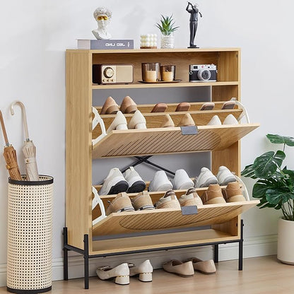 Fluted Shoe Cabinet with 2 Flip Drawers, Narrow Shoes Storage Organizer Rack with Circle Design Panel for Entryway Hallway (Natural)