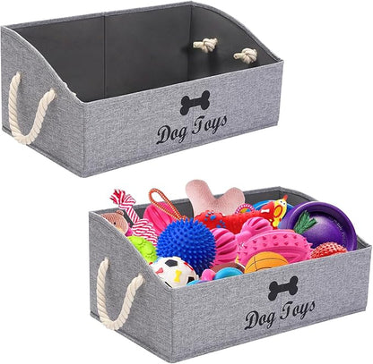 Geyecete 2 Pack Large Dog Toys Storage Bins-Foldable Fabric Trapezoid Organizer Boxes with weave Rope Handle,Collapsible Basket for Shelves,Dog Apparel(Snow Gray-DOG)