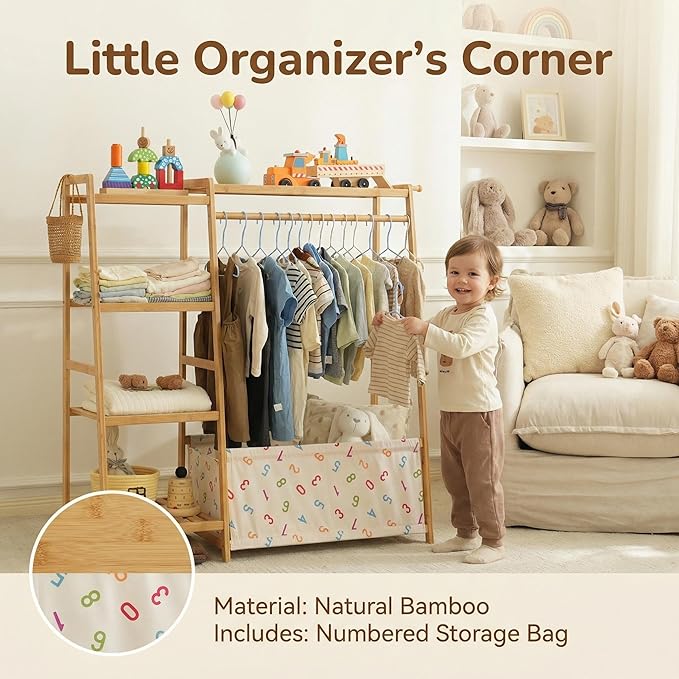 Kids Clothing Rack- Toddler Dress Up Rack with 5-Tier Open Shelves & Storage Bag, Baby Clothes Rack Small, Bamboo Garment Rack & Free Standing Clothes Rack, Mini Clothing Rack for Playroom