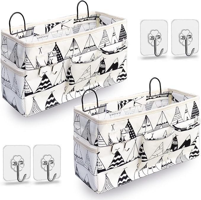 2pcs Large Wall Hanging Organizer Bag, Linen Fabric Door Hanging Storage Baskets with Pockets, Waterproof Bin for Kitchen, Bedroom, Office, RV Camper (White)