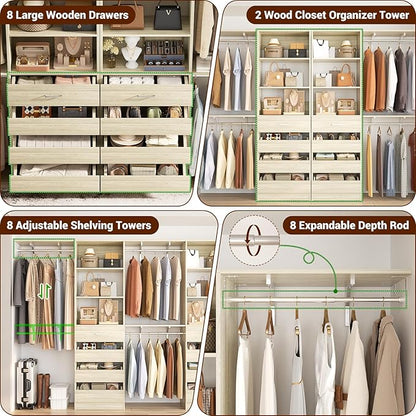 Aheaplus Closet System with Drawers Set of 2, Wood Closet Organizer System with 8 Hanging Rods & Top Shelves, Walk-in Closets Organizer Wardrobe Clothes Rack, Cut Fits Spaces 4-9FT. Wide, White Oak1