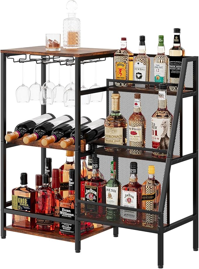 Versatile Liquor Stand for Home Bar, Wine Rack Freestanding Floor, Mini Bar Table for Liquor Whiskey Wine, 3-Tier Trapezoidal Liquor Bottle Display Shelf with Glass Holder and Fences(Patent Pending)