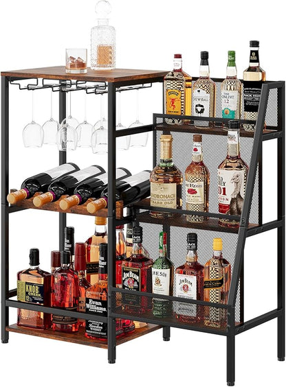 Versatile Liquor Stand for Home Bar, Wine Rack Freestanding Floor, Mini Bar Table for Liquor Whiskey Wine, 3-Tier Trapezoidal Liquor Bottle Display Shelf with Glass Holder and Fences(Patent Pending)