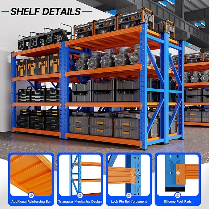 59" W Garage Storage Shelves,3000LBS Garage Shelving Heavy Duty Adjustable Shelving Unit,4 Tier Metal Utitly Shelves Industrial Shelving for Warehouses,Basement,Blue-Orange