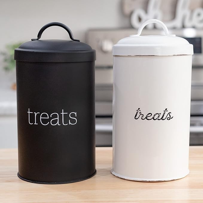AuldHome Design Enamelware Dog Treat Jar (Black), Large Modern Farmhouse Pet Treats Container
