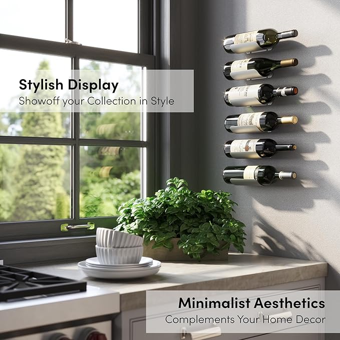 Wall Mounted Wine Rack Set – 6-Piece Aluminum Bottle Holders with Non-Slip Cork Pads for Secure Storage