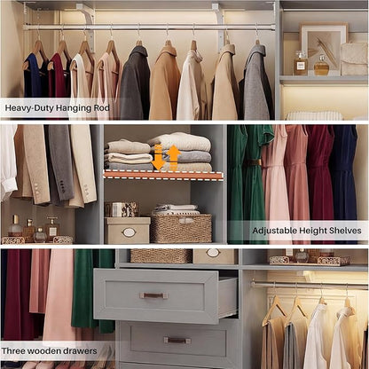 8FT Closet System with 3 Curved Drawers, 96'' Wooden Walk-in Closet Organizer with 3 Top Shelves, Adjustable Organizer System with 3 Hanging Rods, Built-in Wardrobe Storage Rack for 4-8 ft, Grey