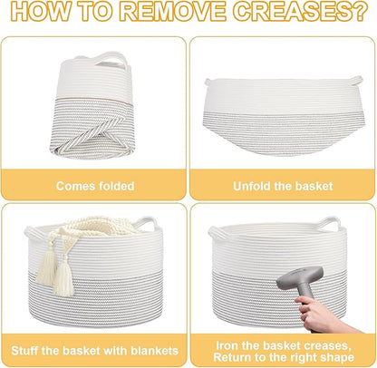 Large Girl Laundry Basket,20''x13''Woven Cotton Rope Laundry Hamper,Baby Blanket Basket for Living Room;Toy storage;Woven basket;Nursery Hamper,Storage Bin,Home Room Decor (White)
