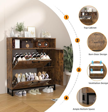 Betterhood Shoe Cabinet for Entryway with 2 Flip Drawers, Slim Freestanding Shoe Rack Organizer, Entryway Shoe Cabinet with Open Storage for Foyer and Hallway (Brown)