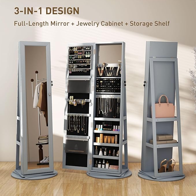 HOMCOM 360° Swivel Jewelry Cabinet, Lockable Jewelry Armoire Organizer with Full-Length Mirror, Back Storage Shelves, Interior Small Mirror, for Bedroom Living Room, Gray
