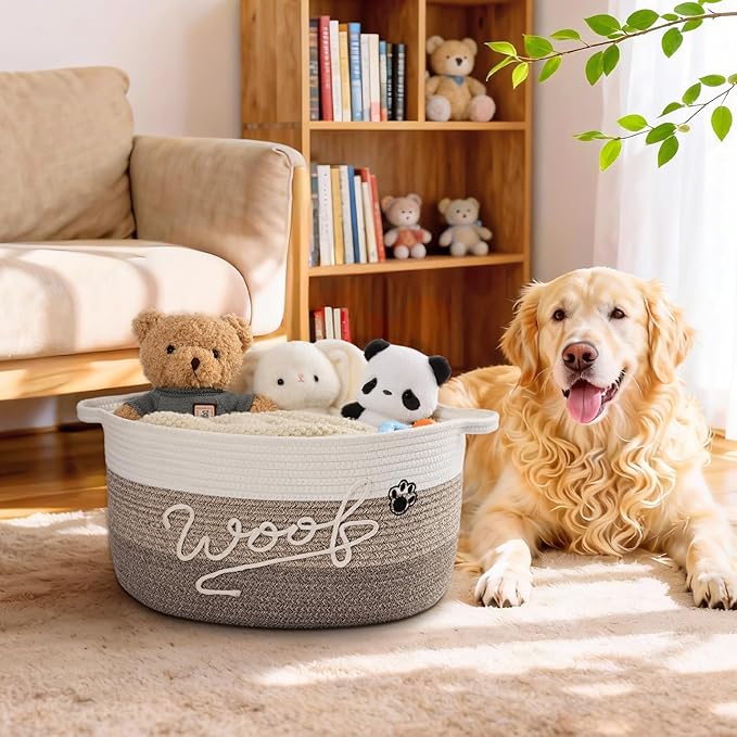 Woof Dog Toy Basket with Handles, Large Dog Toy Storage Bin with Paw Print, Woven Dog Basket for Blankets, Toys, Chews, Pet Toy Box for Nursery, Living Room, Bedroom, 17”x12”x9, Brown
