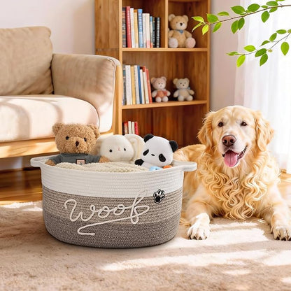 Woof Dog Toy Basket with Handles, Large Dog Toy Storage Bin with Paw Print, Woven Dog Basket for Blankets, Toys, Chews, Pet Toy Box for Nursery, Living Room, Bedroom, 17”x12”x9, Brown