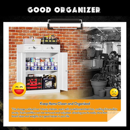 Greenvelly Metal Storage Cabinet, 42' White Steel Garage Cabinet with 2 Doors, Adjustable Shelves, Locking for Office, School or Tool Organization