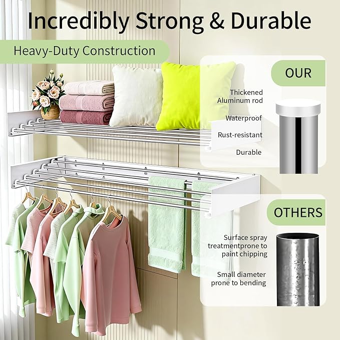 Wall Mounted Drying Rack for Laundry 31.5” Retractable Clothes Dryer Racks with 60 lb Capacity, Heavy Duty Clothing Drying Rack Foldable Space-Saving Design for Indoor & Outdoor