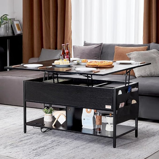 VEVOR 4-in-1 Lift Top Coffee Table, Multi-Function Convertible Coffee Table with Storage and Hidden Compartment, Farmhouse Center Table with Power Outlet & USB & LED Light for Living Room, Home Office