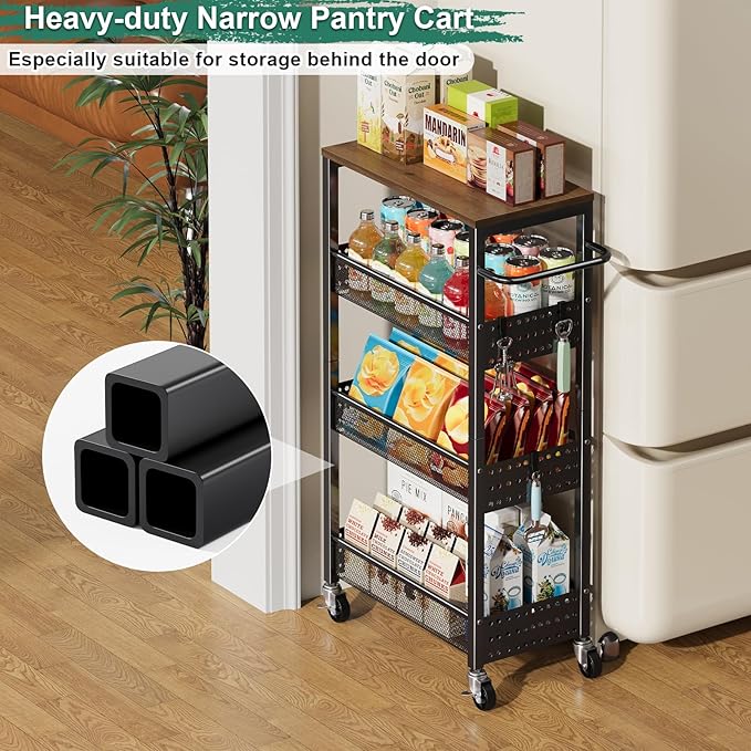 Utility Slim Storage Cart, 4-Tier Narrow Bathroom Organizer and Storage Cart, Metal Narrow Kitchen Laundry Room Organization Rack with Wood Top, Slim Rolling Shelf with Wheels for Small Space