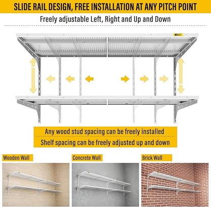 2-Pack 2 Tier 1.3x4ft Garage Shelving Wall Mounted, 15.6x48inch per Shelf Height Cassette Adjustable Floating Shelves(White)
