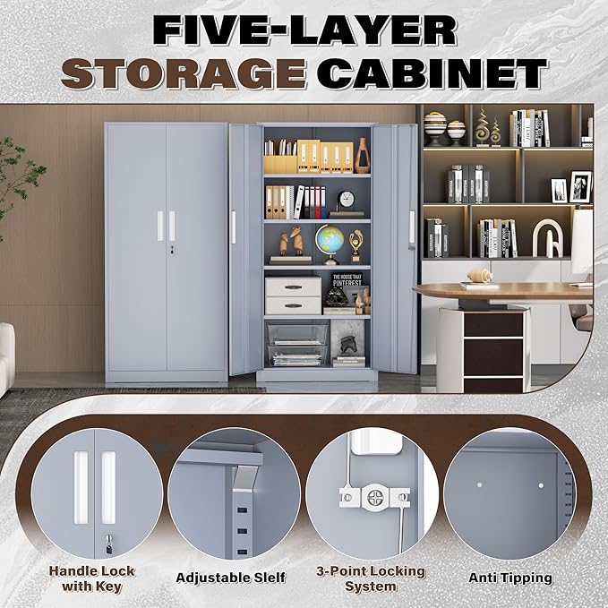 Metal Garage Storage Cabinet, 72” Lockable File Cabinets with 2 Doors and 4 Adjustable Shelves, Steel Tool Cabinets with Lock for Office, Home, Living Room, Cement Grey