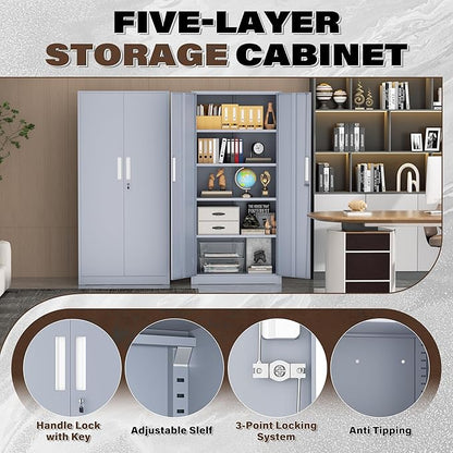 72” Metal Storage Cabinet, Lockable File Cabinets with 2 Doors and 4 Adjustable Shelves, Steel Tool Cabinets with Lock for Office, Home, Gym, Cement Grey-Small