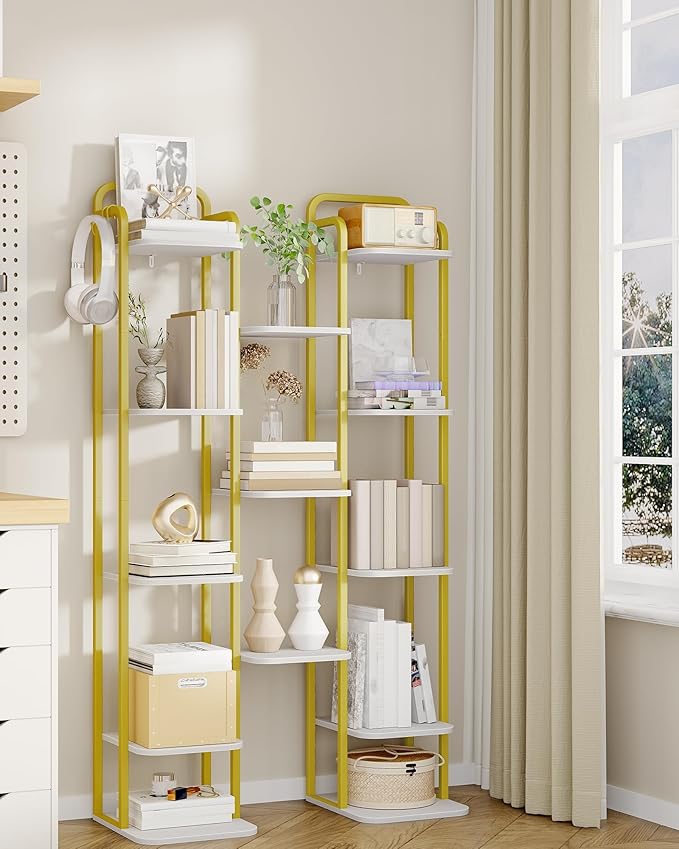8 Tiers Vertical Shoe Rack, Narrow Shoe Tower, Tall Shoes Shelf with 2 Hooks, Adjustable Shelves, Corner Shoes Shelves for Small Spaces, Entryway, Living Room, White Gold SR04313A