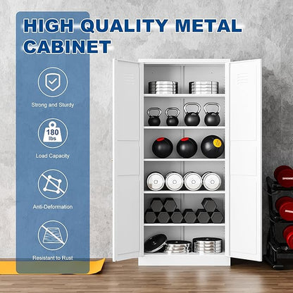 Metal Storage Cabinet-71” Tall Steel File Cabinets with Doors and 5 Adjustable Shelves-White Steel Storage Cabinet for Home,Kitchen, School, Office, Garage