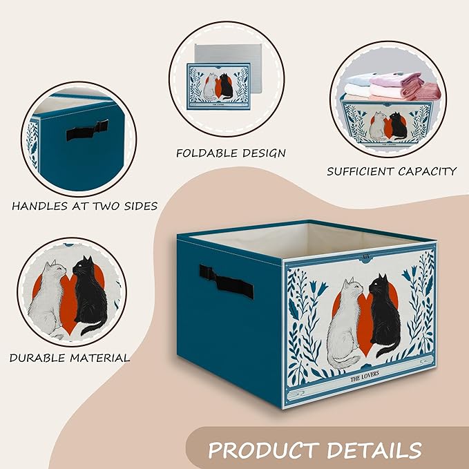Valentine's Day Cat Toy Basket Foldable Storage Bins Box with Handles, Witchy the Lovers Tarot Card Cats Blue Collapsible Organizer Basket for Bedroom Bathroom Kids Room Clothes Toys Books