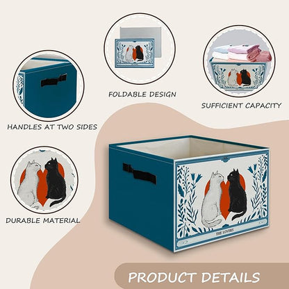 Valentine's Day Cat Toy Basket Foldable Storage Bins Box with Handles, Witchy the Lovers Tarot Card Cats Blue Collapsible Organizer Basket for Bedroom Bathroom Kids Room Clothes Toys Books
