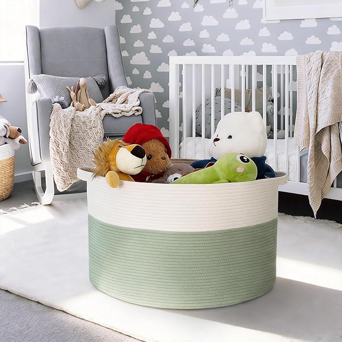 Extra Large Blanket Basket, 22" X 22" X 14" Kids Dog Toy Storage Bin Box, Nursery Baby Toddler Toy Organizer, Soft Cotton Rope Woven Bin, Large Basket for Blankets for Living Room, Green