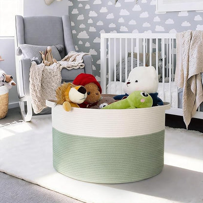 Extra Large Blanket Basket, 22" X 22" X 14" Kids Dog Toy Storage Bin Box, Nursery Baby Toddler Toy Organizer, Soft Cotton Rope Woven Bin, Large Basket for Blankets for Living Room, Green
