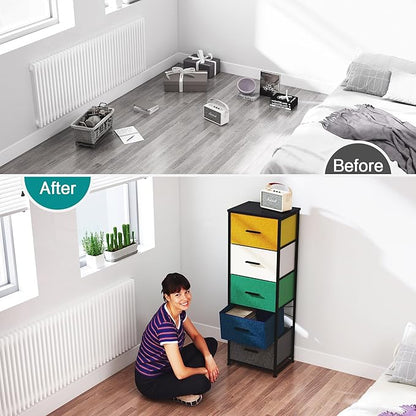 Dresser with 5-Drawer, Tall Fabric Storage Tower for Closet, Colorful Organizer Unit for Bedroom, Categorized Storage by Colors, Easy Pull Fabric Bins (Colourful)