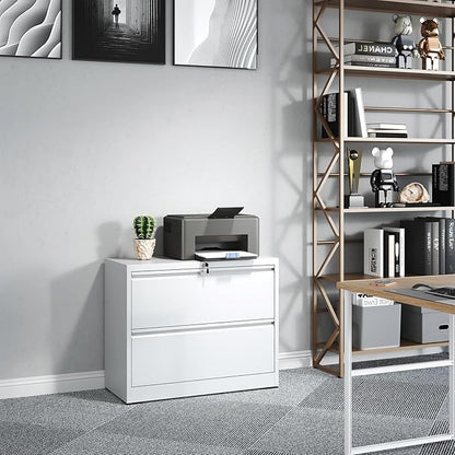 2 Drawer Lateral File Cabinet with Lock, Metal Lateral Filing Cabinet for Home Office, Steel Wide Horizontal Filing Cabinets for Letter/Legal/A4/F4 Hanging Files (White)