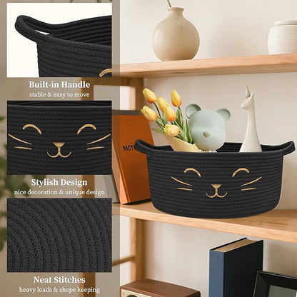 Large Cat Toy Basket - Gift Baskets Empty for Baby Shower Baby Baskets for Nursery Cute Woven Rope Storage Basket for Home Décor , Dog Toy Basket Black Boo Easter basket, 13" D x 6" H