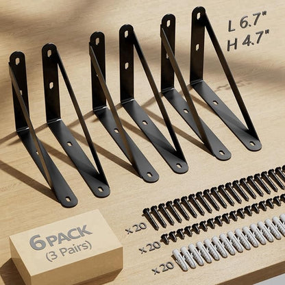 6.7x4.7 Shelf Brackets 6-Pack, Shelf Support Shelf Holder Steel Wall Mount Heavy Duty Small L Shape Triangle 90 Degree Metal Black with Screws Anchors Soporte de Estante