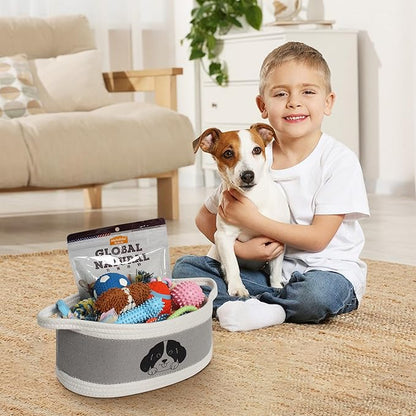 Small Dog Toy Basket, Cotton Rope and EVA Puppy Toy Bin with Cute Dog Print, Pet Toy Storage Box for Living Room Nursery, Decorative Woven Storage Pet Gift Basket Empty, 13”x9”x5”