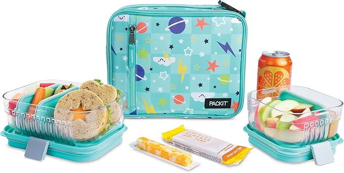 PackIt® Freezable Classic Lunch Box, Happy Clouds, Built with EcoFreeze® Technology, Fully Freezable, Collapsible, Reusable, With Zip Front Pocket and Buckle Handle, Designed for Fresh Lunch On the Go