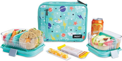 PackIt® Freezable Classic Lunch Box, Happy Clouds, Built with EcoFreeze® Technology, Fully Freezable, Collapsible, Reusable, With Zip Front Pocket and Buckle Handle, Designed for Fresh Lunch On the Go