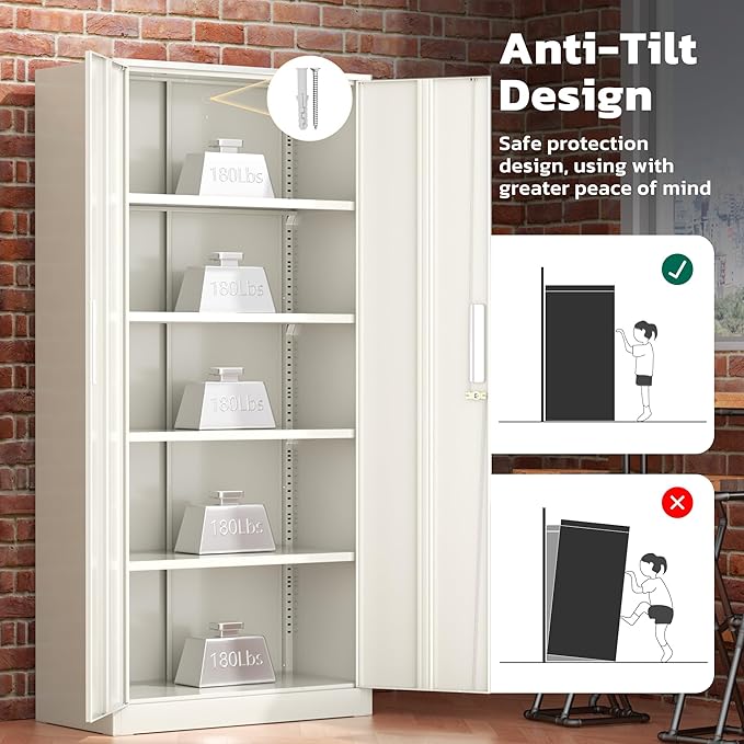 Greenvelly Metal Lockable Storage Cabinet, 72” Tall Storage Cabinet with 2 Doors and 4 Adjustable Shelves for Office, Home, Garage, Pantry (Assembly Required, 18”D, Grey)