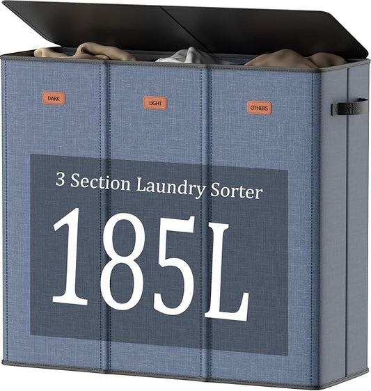 185L Laundry Hamper 3 Section with Lid, Navy Blue 3 Compartment Laundry hamper with 3 Removable Laundry Bags, Large Laundry Basket for Bedroom, Laundry Room, Dorm,