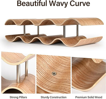 Countertop Wine Rack - 7 Bottle Freestanding Wine Bottle Holder Stand - 2 Tier Wooden Wine Storage Rack - Wavy Wine Organizer for Cabinet Pantry Home Kitchen Bar
