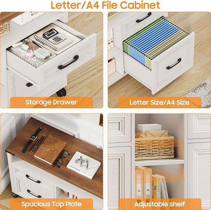 Vabches Farmhouse Filing Cabinet with Adjustable Shelf & Wheels, Lateral File Cabinets, Office Storage Cabinet with 4 Drawers and Open Storage Space, for Hanging Files Letter/A4, for Home Office