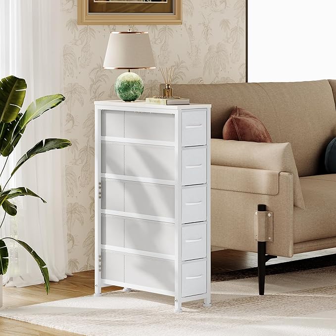 Narrow Dresser Storage Tower with 5 Drawers, Slim Dresser Chest of Drawers with Steel Frame, Wood Top, Dresser for Bedroom, Bathroom, Small Spaces, Laundry, Closet, White