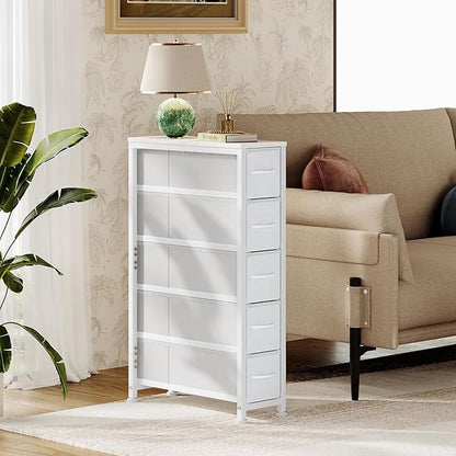 Narrow Dresser Storage Tower with 5 Drawers, Slim Dresser Chest of Drawers with Steel Frame, Wood Top, Dresser for Bedroom, Bathroom, Small Spaces, Laundry, Closet, White