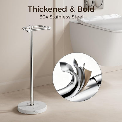 Toilet Paper Holder Stand, Bathroom Free Standing Toilet Paper Stand with Modern Marble Base, Post Pivoting Toilet Paper Stand with Stainless Steel Tissue Rack, Rust-Proof & Heavy Base(Chrome)